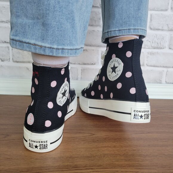 ⭐Converse Lift Platform Polka Dot Hi Canvas 8 Womens Sneakers Black Pink A10688C - Picture 7 of 12